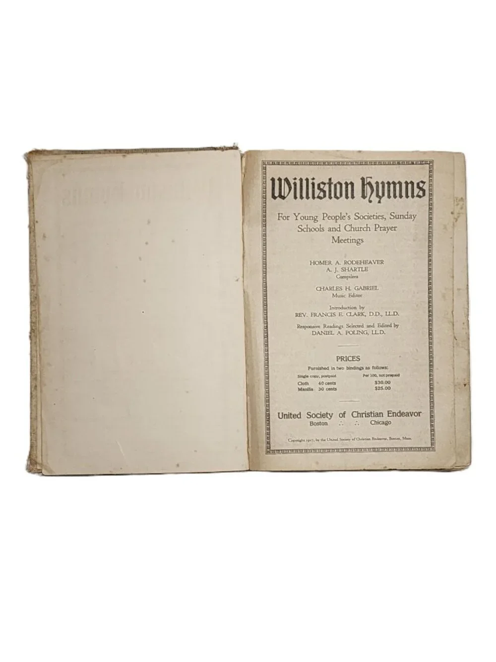 Williston Hymns 1917 United Society of Christian RARE Victorian HC Book